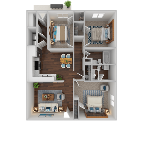 Floor plan for 3 beds, 2 baths, 1100 sqft